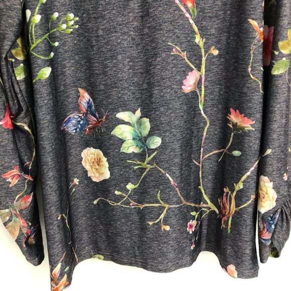 LoveU.Dear Black Heathered Floral Butterfly Print V-Neck Long Sleeve Blouse 1x - Picture 5 of 16